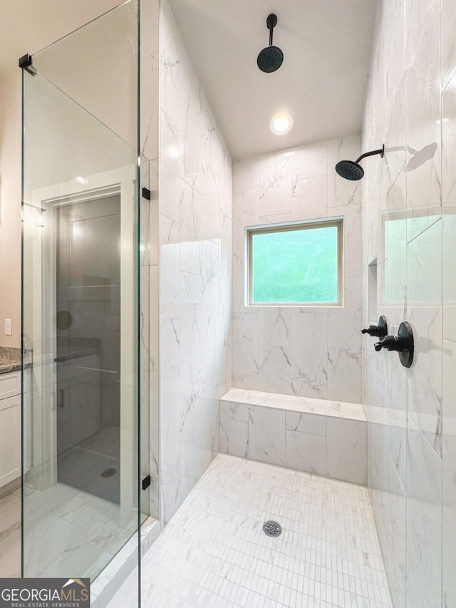 54 Myna, Ellijay, GA 30540 - full bathroom featuring a shower stall and marble look tiles