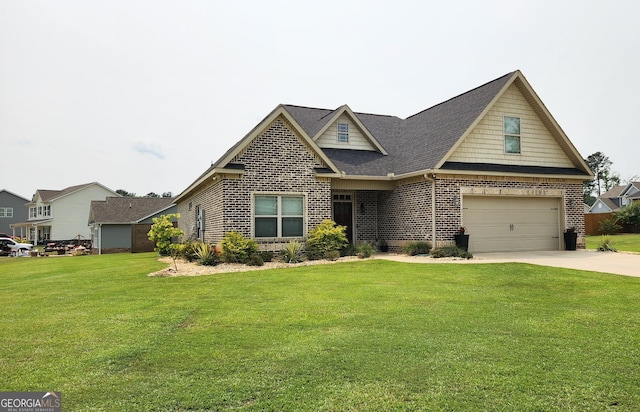 556 Constitution Dr, Forsyth, GA 31029 - view of front of property with brick siding, concrete driveway, an attached garage, a front lawn, and roof with shingles