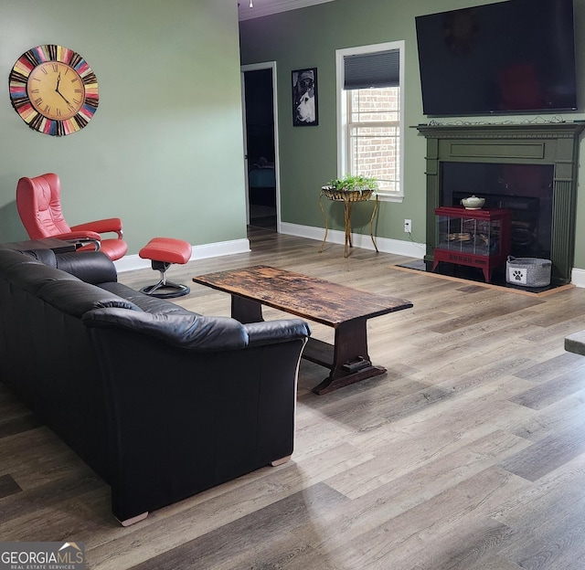 556 Constitution Dr, Forsyth, GA 31029 - living area featuring a fireplace with flush hearth, wood finished floors, baseboards, and ornamental molding