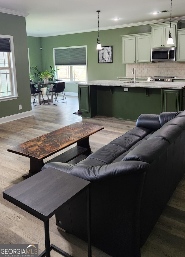 556 Constitution Dr, Forsyth, GA 31029 - living room featuring ornamental molding, light wood-type flooring, baseboards, and recessed lighting
