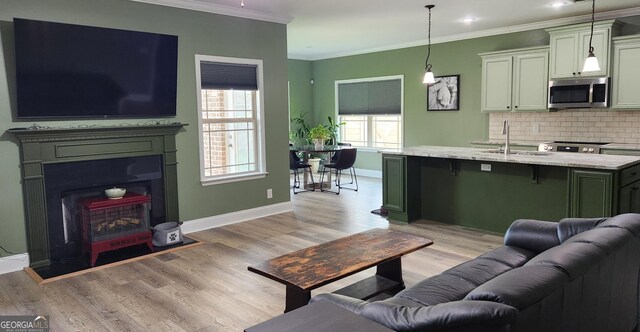 556 Constitution Dr, Forsyth, GA 31029 - living area featuring ornamental molding, light wood-style flooring, baseboards, and recessed lighting