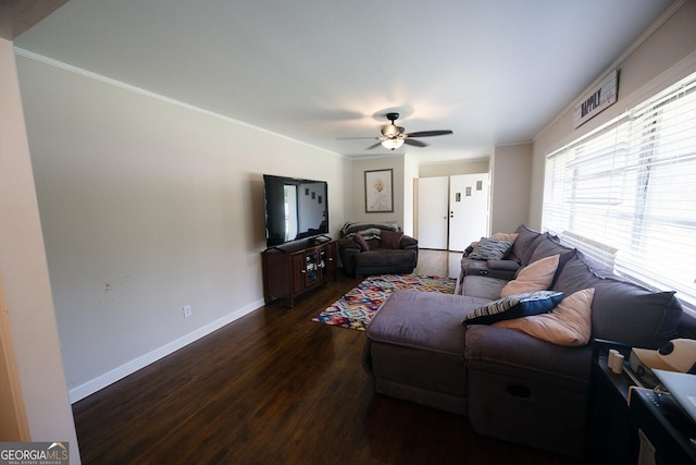 103 Wilson Way, Thomaston, GA 30286 - living room featuring dark wood-style flooring, ceiling fan, and ornamental molding