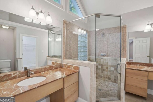 220 Chinkapin Cir SW, South Fulton, GA 30311 - bathroom featuring vanity, a stall shower, and a spacious closet