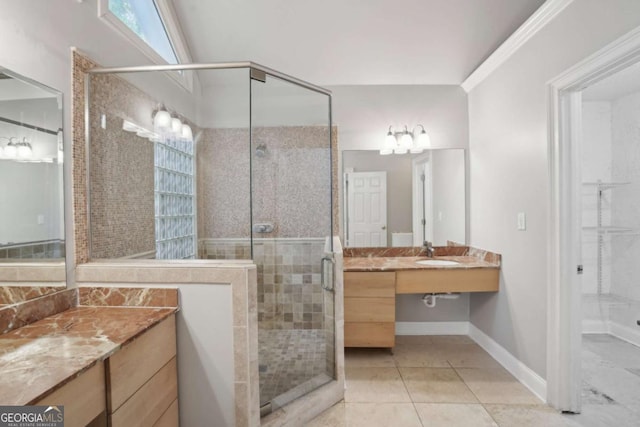 220 Chinkapin Cir SW, South Fulton, GA 30311 - bathroom with a shower stall, vanity, and tile patterned flooring