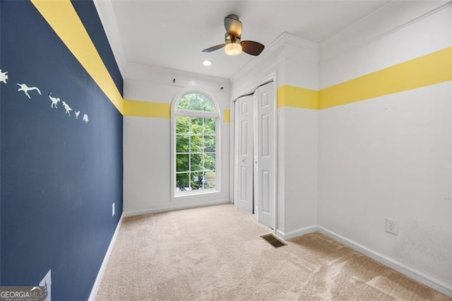 5156 Amberden Hall Dr, Suwanee, GA 30024 - carpeted empty room with ceiling fan, ornamental molding, and recessed lighting