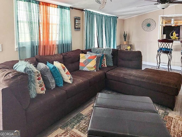 797 Gabbettville Rd, Lagrange, GA 30240 - living room featuring crown molding, ceiling fan, and a wainscoted wall