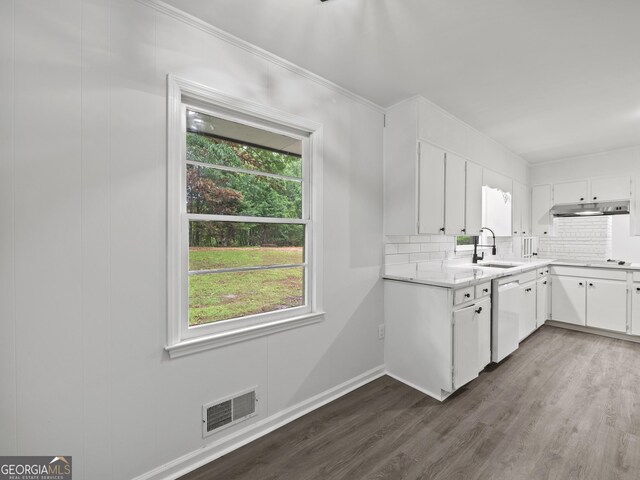 5227 Byers Rd, Gainesville, GA 30504 - kitchen featuring a sink, dark wood-style flooring, dishwasher, tasteful backsplash, and white cabinets