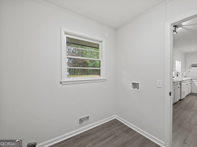 5227 Byers Rd, Gainesville, GA 30504 - washroom featuring hookup for a washing machine, wood finished floors, ornamental molding, and baseboards
