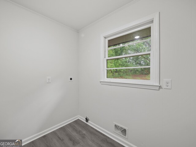 5227 Byers Rd, Gainesville, GA 30504 - laundry area with hookup for an electric dryer, dark wood-style flooring, baseboards, and crown molding