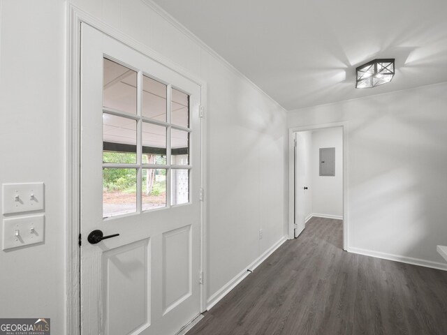 5227 Byers Rd, Gainesville, GA 30504 - entryway featuring electric panel, baseboards, dark wood-style floors, and ornamental molding