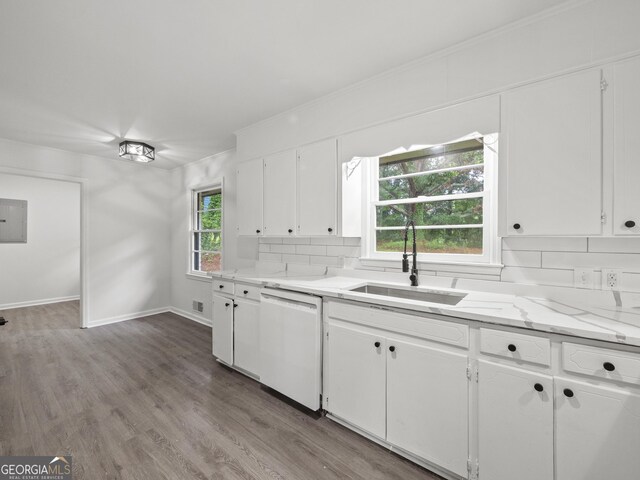 5227 Byers Rd, Gainesville, GA 30504 - kitchen with white dishwasher, a sink, tasteful backsplash, white cabinets, and dark wood-type flooring