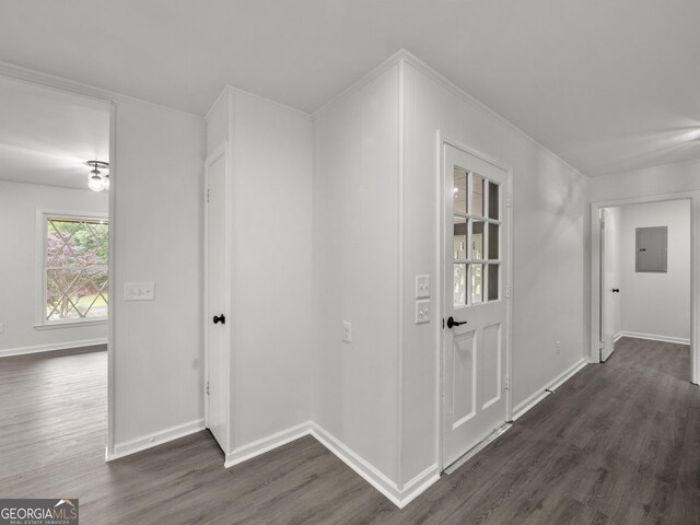 5227 Byers Rd, Gainesville, GA 30504 - hallway featuring dark wood finished floors, baseboards, and electric panel