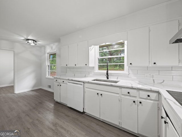 5227 Byers Rd, Gainesville, GA 30504 - kitchen featuring dishwasher, white cabinets, decorative backsplash, a sink, and dark wood finished floors