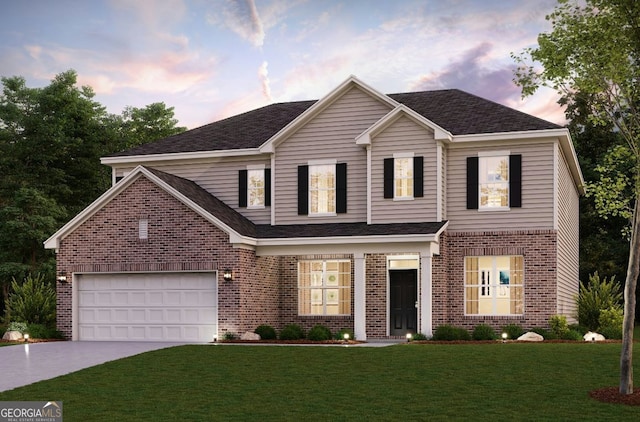 817 Dobby Way Lot 96, Mcdonough, GA 30252 - traditional-style house with brick siding, driveway, a front yard, and roof with shingles