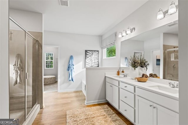 817 Dobby Way Lot 96, Mcdonough, GA 30252 - bathroom with double vanity, wood finished floors, a shower stall, a tub to relax in, and baseboards