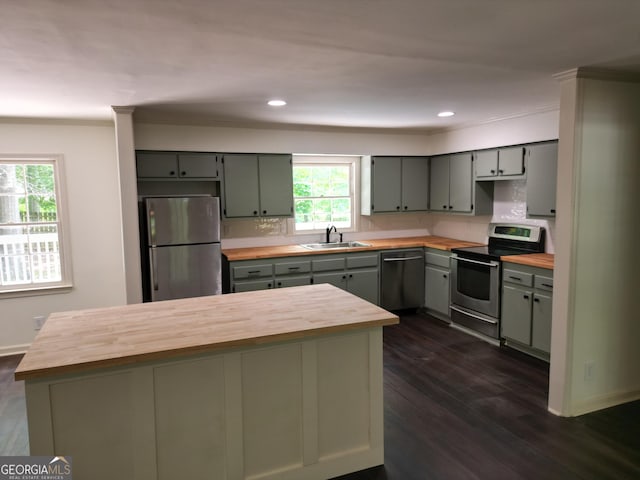 286 Barnes Cir, Commerce, GA 30530 - kitchen with stainless steel appliances, wooden counters, a sink, gray cabinets, and dark wood-style floors