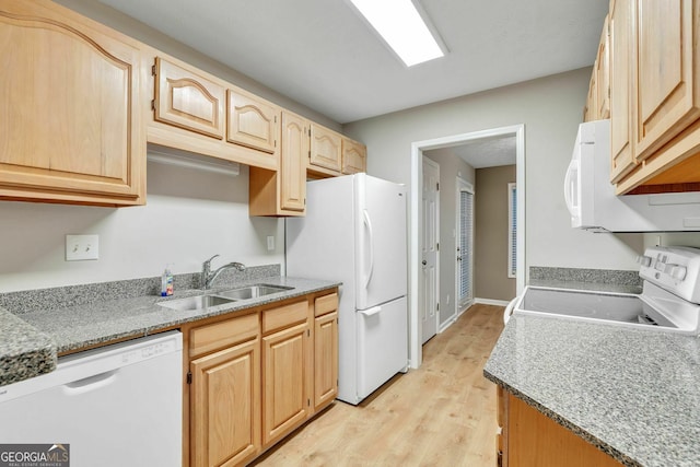 1005 Peachtree Forest Ter, Peachtree Corners, GA 30092 - kitchen featuring white appliances, a sink, light wood-style floors, and light brown cabinetry