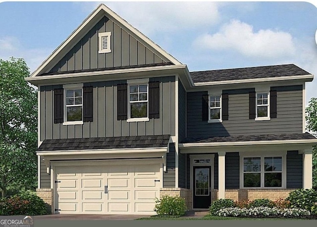 4387 Montberry Ln, Fairburn, GA 30213 - craftsman-style home featuring board and batten siding, brick siding, an attached garage, driveway, and a shingled roof