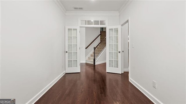 2040 Bloomfield Ct, Cumming, GA 30041 - corridor featuring french doors, wood finished floors, stairs, baseboards, and crown molding