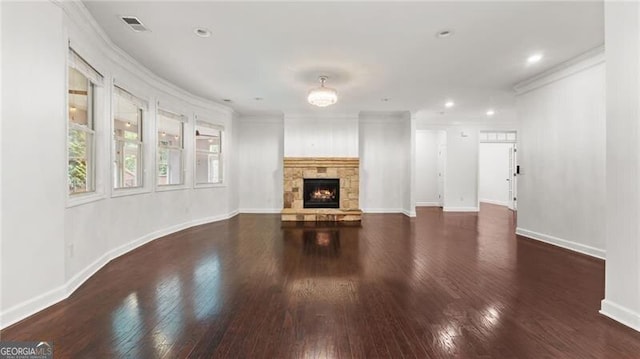 2040 Bloomfield Ct, Cumming, GA 30041 - unfurnished living room featuring hardwood / wood-style flooring, baseboards, a fireplace, crown molding, and recessed lighting