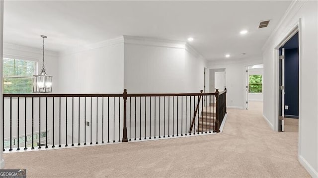 2040 Bloomfield Ct, Cumming, GA 30041 - hall with light colored carpet, crown molding, baseboards, healthy amount of natural light, and recessed lighting