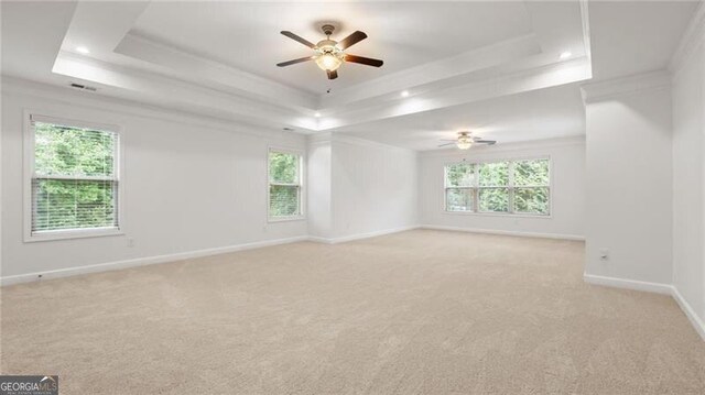 2040 Bloomfield Ct, Cumming, GA 30041 - unfurnished room featuring a tray ceiling, a ceiling fan, crown molding, healthy amount of natural light, and light carpet