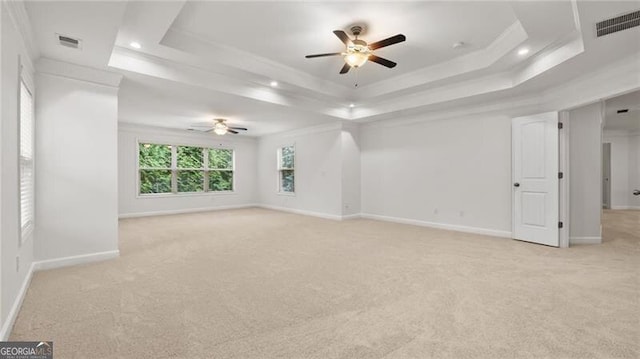 2040 Bloomfield Ct, Cumming, GA 30041 - unfurnished room with a ceiling fan, light colored carpet, a raised ceiling, ornamental molding, and baseboards