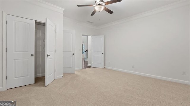 2040 Bloomfield Ct, Cumming, GA 30041 - unfurnished bedroom featuring light colored carpet, ornamental molding, baseboards, ceiling fan, and a closet