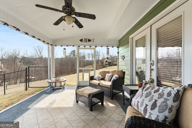 150 Crestview Rd, Jackson, GA 30233 - sunroom featuring ceiling fan, lofted ceiling, and outdoor lounge area