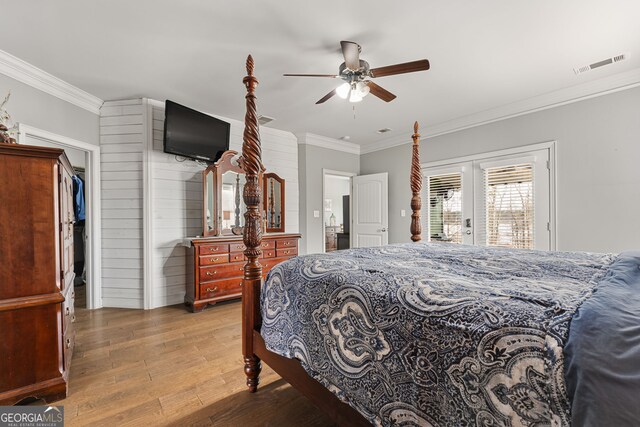 150 Crestview Rd, Jackson, GA 30233 - bedroom with hardwood / wood-style floors, access to outside, ornamental molding, ceiling fan, and french doors