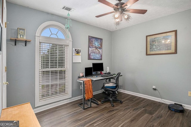 270 Meadow View Dr, Grayson, GA 30017 - home office with wood finished floors, baseboards, a ceiling fan, and a textured ceiling