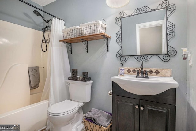 270 Meadow View Dr, Grayson, GA 30017 - full bathroom with vanity, shower / bath combination with curtain, toilet, and decorative backsplash