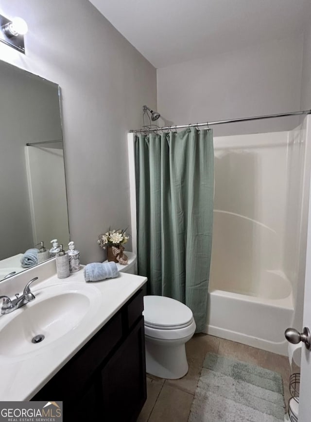 4241 Swamp Cypress Trl, Gainesville, GA 30504 - bathroom with tile patterned floors, vanity, and shower / bathtub combination with curtain
