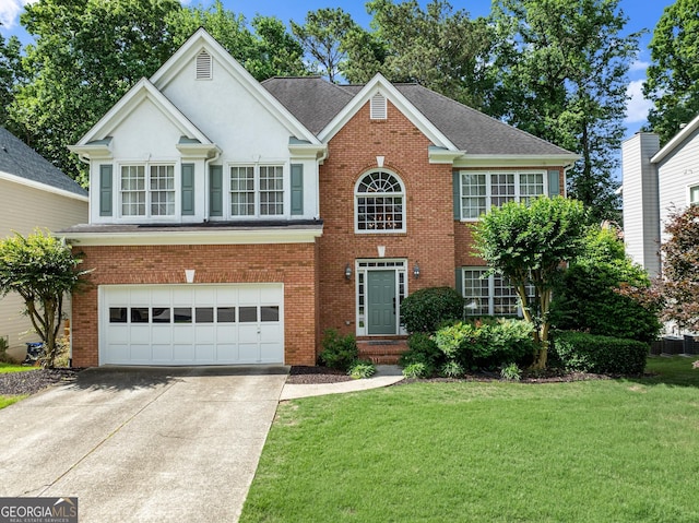 1504 Oglethorpe Dr, Suwanee, GA 30024 - view of front facade with an attached garage, a front yard, concrete driveway, and brick siding