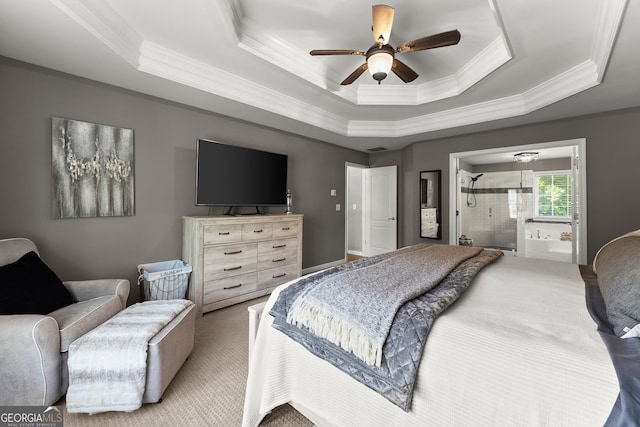 1504 Oglethorpe Dr, Suwanee, GA 30024 - carpeted bedroom with crown molding, a tray ceiling, ensuite bathroom, and a ceiling fan