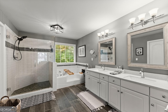 1504 Oglethorpe Dr, Suwanee, GA 30024 - full bath featuring a bath, a shower stall, wood finish floors, and double vanity