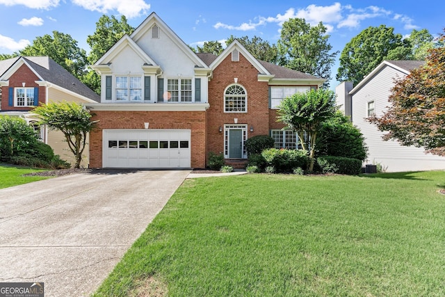 1504 Oglethorpe Dr, Suwanee, GA 30024 - view of front of house featuring a garage, concrete driveway, a front lawn, and brick siding