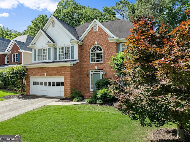 1504 Oglethorpe Dr, Suwanee, GA 30024 - view of front of home featuring a garage, driveway, brick siding, and a front yard