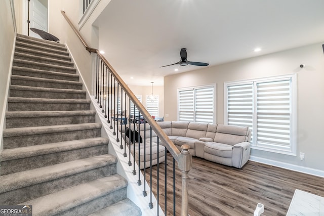 5490 Bent Grass Way, Douglasville, GA 30135 - stairs with ceiling fan, wood finished floors, recessed lighting, and baseboards