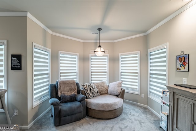5490 Bent Grass Way, Douglasville, GA 30135 - living area featuring light colored carpet, crown molding, and baseboards