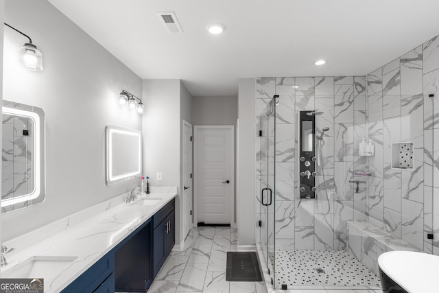 5490 Bent Grass Way, Douglasville, GA 30135 - full bath featuring marble look tile flooring, a marble finish shower, a freestanding bath, recessed lighting, and double vanity