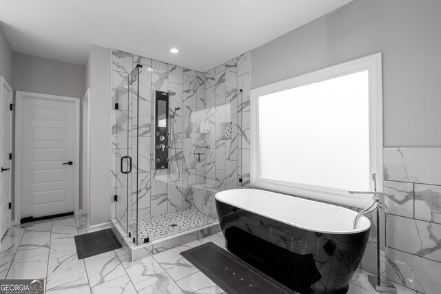5490 Bent Grass Way, Douglasville, GA 30135 - full bathroom with a freestanding bath, a marble finish shower, marble finish floors, and recessed lighting