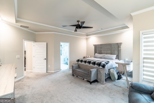5490 Bent Grass Way, Douglasville, GA 30135 - carpeted bedroom featuring crown molding, multiple windows, a ceiling fan, baseboards, and a tray ceiling