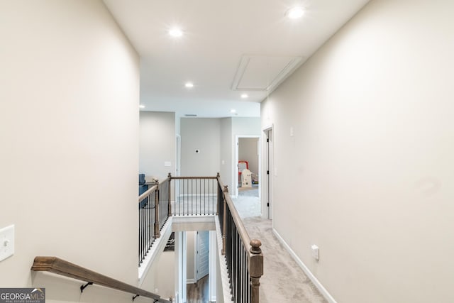 5490 Bent Grass Way, Douglasville, GA 30135 - corridor featuring an upstairs landing, attic access, carpet flooring, and recessed lighting
