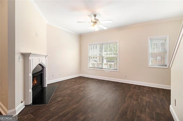 3068 Lauren Parc Rd, Decatur, GA 30032 - unfurnished living room featuring dark wood finished floors, ceiling fan, a warm lit fireplace, crown molding, and baseboards