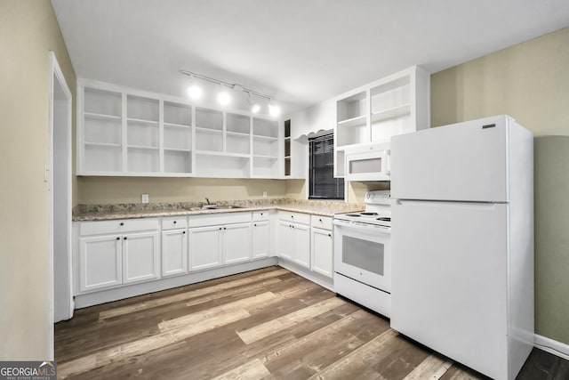 758 King Rd, Jonesboro, GA 30236 - kitchen featuring white appliances, open shelves, a sink, track lighting, and white cabinets