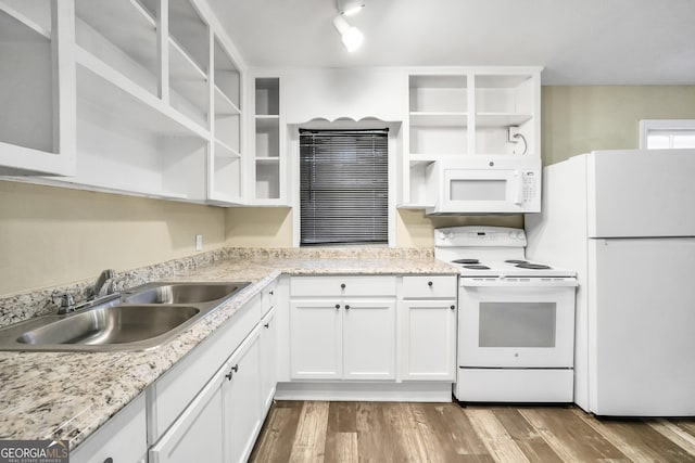 758 King Rd, Jonesboro, GA 30236 - kitchen featuring white appliances, open shelves, a sink, white cabinets, and dark wood-style floors