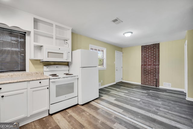 758 King Rd, Jonesboro, GA 30236 - kitchen featuring white appliances, baseboards, open shelves, white cabinetry, and light wood finished floors