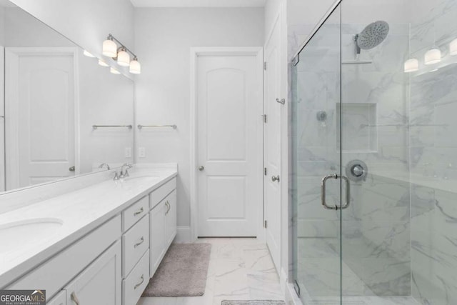 2133 Kirkham Way, Kennesaw, GA 30152 - full bathroom with marble finish flooring, a marble finish shower, and double vanity