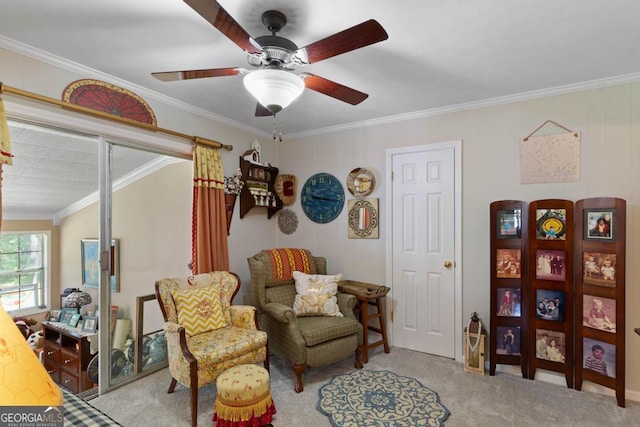 118 Duvall Dr, Stockbridge, GA 30281 - sitting room featuring carpet, ornamental molding, and a ceiling fan
